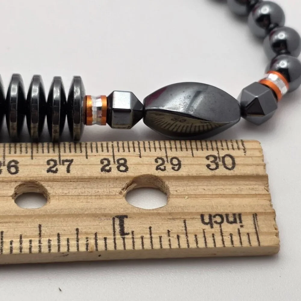 Vintage Hematite Bead Necklace 19 In Gold Tone Barrel Clasp Geometric Statement